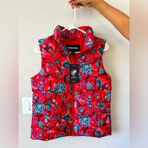 NEW Land’s End Red and blue floral puffer vest with front zip